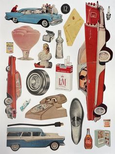 an old fashion poster with various items from the fifties including shoes, perfumes and other things