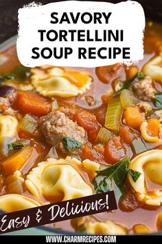 a bowl of tortellini soup is shown with the words savory tortellini soup recipe