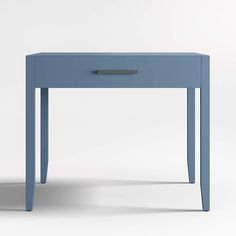 a small blue table with one drawer open and the other closed, on a white background