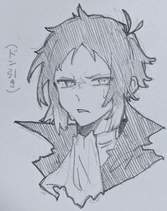 a drawing of an anime character with long hair, wearing a bow tie and looking to the side