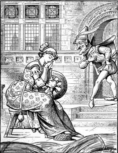 an old drawing of a woman sitting in front of a man