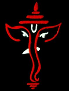 an image of the face of lord ganeshri in red and white on a black background