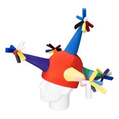 a hat that has been made to look like a clown's head with multicolored hair