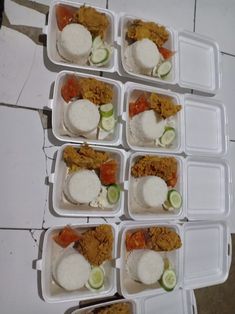 six plastic containers filled with food sitting on top of a white tiled floor next to each other