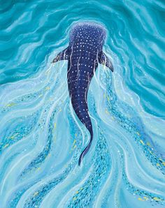 a painting of a whale swimming in the ocean with bubbles on it's surface