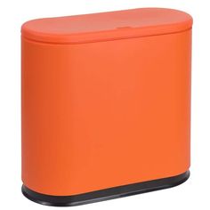 an orange plastic box with black trim on the top and bottom, sitting against a white background