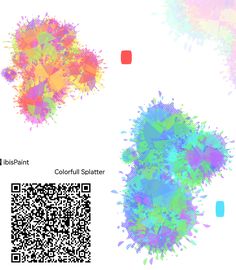 three different colored splatters on a white background with qr - code information