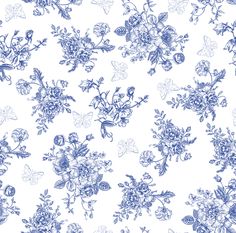 a blue and white floral pattern on a white background with lots of flowers in the middle