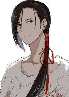 a drawing of a woman with long black hair and red ribbon tied around her neck