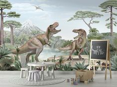 two dinosaurs are in the jungle near a chalkboard