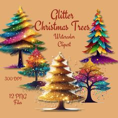 christmas trees with glitter on them and the words glitter christmas trees watercolor clipart