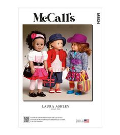 the sewing pattern for two dolls is shown in this book, which features three different outfits and