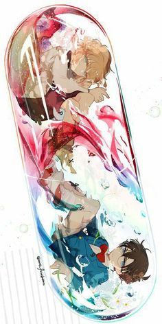 some anime characters are in a glass container with water and bubbles on the bottom half