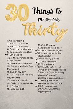 the 30 things to do before thirty years are in gold foil on a white background