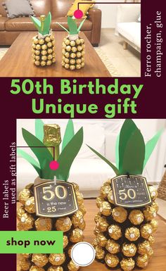 two pineapples made out of chocolate with the words 50th birthday unique gift on them