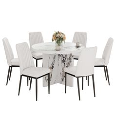 a white dining table with six chairs and a vase filled with flowers on the top