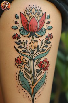 a woman's thigh with flowers and leaves on her leg, showing the tattoo design