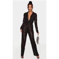 Runs Huge More Like A Size 4 And Up To 6 Imo. Black Sequin Collar Detail Long Sleeve Jumpsuit Add Some Sequins To Your Party Season Collection With This One-Piece. Featuring A Black Sequin Material With A Collar Neckline And Long Sleeves, Team It With Some Strappy Heels And A Mini Bag For A Look We're Loving. Nwt Sequin Jumpsuit Outfit, Black Satin Shirt, Black Sequin Jumpsuit, Sequin Collar, High Neck Jumpsuit, Disco Queen, Sequin Jumpsuit, Jumpsuit Outfit, Green Sequins