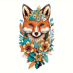 a fox with flowers and leaves on it's head