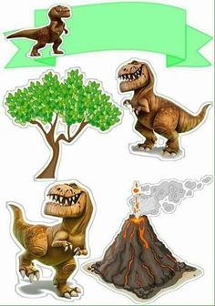 some stickers that have different types of dinosaurs on them, including one with a tree and