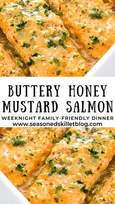 buttery honey mustard salmon in a white casserole dish