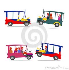 four different colored cars with people in them