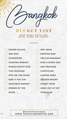 a white and gold brochure with the words bangkok bucket list written on it