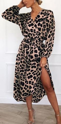 women leopard long dress #maxinightlongelegent #dresses #mermaidstyle #women'sclothing #style #weddingdress #beautiful #eveningpartydresses #openback #fashionwomen #party #longsleeve #birthday #gowns Pencil Skirt With Boots, Skirt With Boots, Robes Glamour, Long Sleeve Chiffon Dress, Tie Maxi Dress, Langer Rock, Leopard Dress, Chiffon Long Sleeve