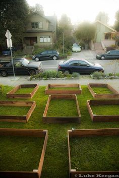 there are many wooden boxes on the grass in front of a street with parked cars