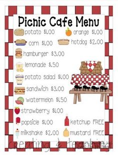 the picnic cafe menu is displayed on a red and white checkered tablecloth with food