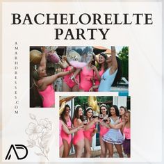 an ad for bachelor party with photos of women in pink bathing suits and holding champagne flutes