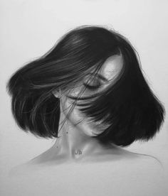 a pencil drawing of a woman's head with her hair blowing in the wind