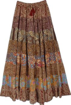 Multicolor Long Hippie Skirt, Bohemian Brown Pleated Maxi Skirt, Hippie Patchwork Multicolor Maxi Skirt, Brown Full-length Maxi Skirt, Bohemian Brown Patchwork Skirt, Brown Floral Print, Hippie Look, Trendy Skirts, Long Maxi Skirts