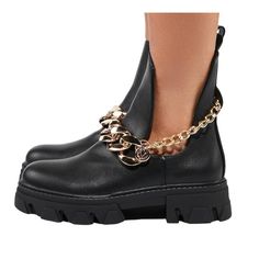 New Without Tags | Size: Us 6 Color: Black Vegan Leather Construction Cut Out Detailing Chunky Gold Chain Straps On The Front And Side Trendy Chain Boots For Fall, Fall Chain Strap Boots With Round Toe, Chain Detailed Round Toe Boots For Fall, Chain Boots With Round Toe For Fall, Fall Boots With Chain Strap And Round Toe, Chain-detail Round Toe Boots For Fall, Chain-detailed Round Toe Boots For Fall, Black Boots With Chain Strap For Fall, Chic Black Boots With Chain Detail