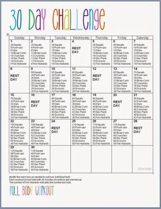 the 30 day challenge is shown in this printable calendar with colorful writing and numbers