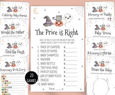 the price is right printable halloween baby shower game for boys and girls, includes two games