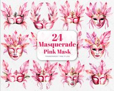 watercolor pink mask clipart set