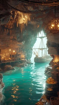 a boat is floating in the water next to a cave filled with rocks and lights