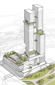 an architectural drawing of two tall buildings with trees in the foreground and parking lot below