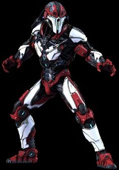 a red and white robot standing in the dark