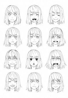 an anime character's face with different facial expressions and hair styles, all drawn by hand