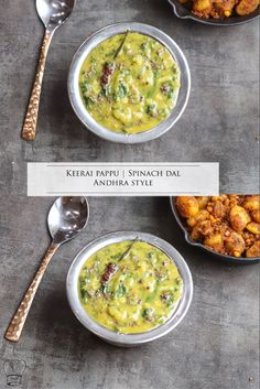 three bowls filled with different types of food on top of a table next to silver spoons