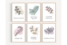 four framed art prints with different types of leaves