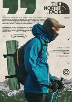 the north face ad features a man with skis on his back and backpack in front of him