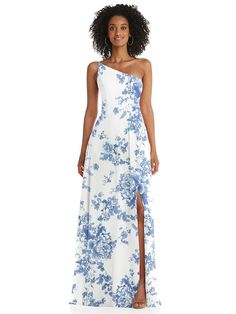 One-shoulder Chiffon Maxi Bridesmaid Dress With Shirred Front Slit In Cottage Rose Dusk Blue | The Dessy Group Cottage Rose, Dusk Blue, Floral Bridesmaid Dresses, Maxi Bridesmaid Dresses, Mob Dresses, Infinity Dress, Modern Romance, Dress Order, Blue Bridesmaid Dresses