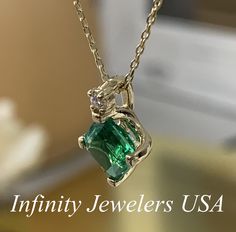 "The pendant pictured is lab created emerald and diamond #6499 -Approximate total carat weight: approx. 1.23ctw diamond equivalent -Center Stone Size: 6x6mm - approx. 1.20ct diamond equivalent -Center Stone Shape: square radiant -Gem Type: lab created emerald -Stone Clarity: VS2 -Stone Color: green -Moh's Scale: 8.5 hardness -Accent Stone Size: 1 round approx. 0.03ct. diamond equivalent -Gem Type: genuine diamond -Stone Clarity: SI1 -Stone Color: GH -Moh's Scale: 10 hardness -Metal Type and Puri Classic Emerald Necklace With Diamond For May Birthstone, Anniversary Emerald Necklace In Yellow Gold With Diamonds, Diamond Cut Emerald Necklace For May Birthstone, Emerald Necklace With Diamond Accents For Anniversary, Green Emerald Necklace With Diamond Settings, May Birthstone Emerald Necklace With Diamond Cut, Emerald Cut Diamond Necklace For May Birthstone, Green Emerald Necklace, Emerald And Diamond Necklace