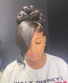 Black Updo Hairstyles With Weave, Prom Updos For Black Women, Bridesmaid Black Hairstyles, Curled Bun Hairstyles Prom, Messy Bun Black Women Weave, Up Dos For Prom Black People, 8th Grade Prom Hairstyles Black, Pincurl Ponytail Updo Black Women, Double Frontal Ponytail Updo