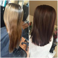 “Major change in color and cut on Jenna today an all over red toned brunette cut into a lob #longhair #shorthair #brunette #fallhair #shortcut #haircut…” Brown Hair Cuts, Brown Hair Shades, Brown Hair Looks, Chocolate Brown Hair, Hair Color Auburn, Brunette Color, Hair Color Ideas For Brunettes