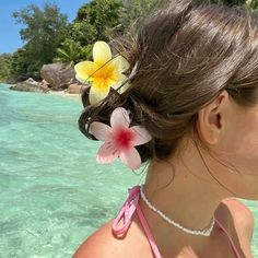 a woman with flowers in her hair looking out at the ocean