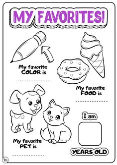 a coloring page with the words my favorites and pictures for kids to color on